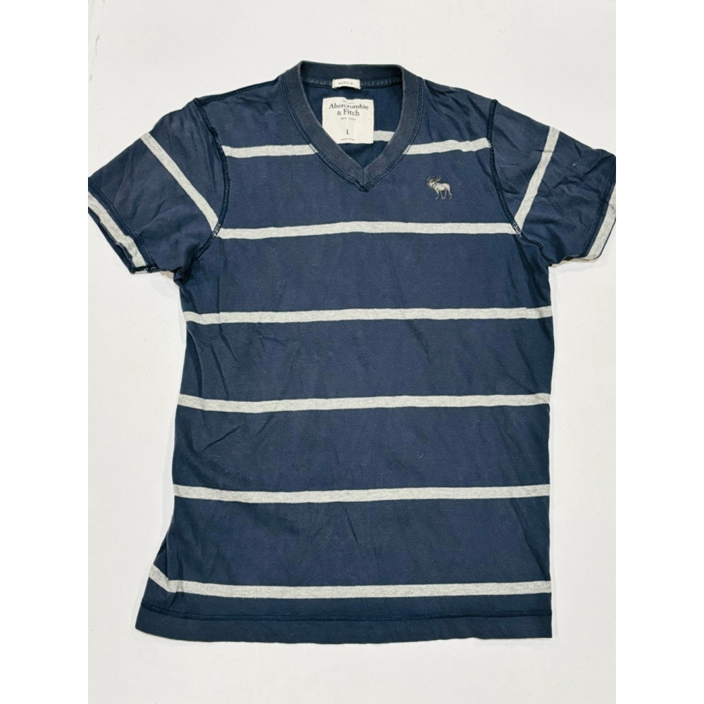Abercrombie & Fitch Navy Gray Striped V-Neck Short Sleeve Muscle Tee, Boys Large